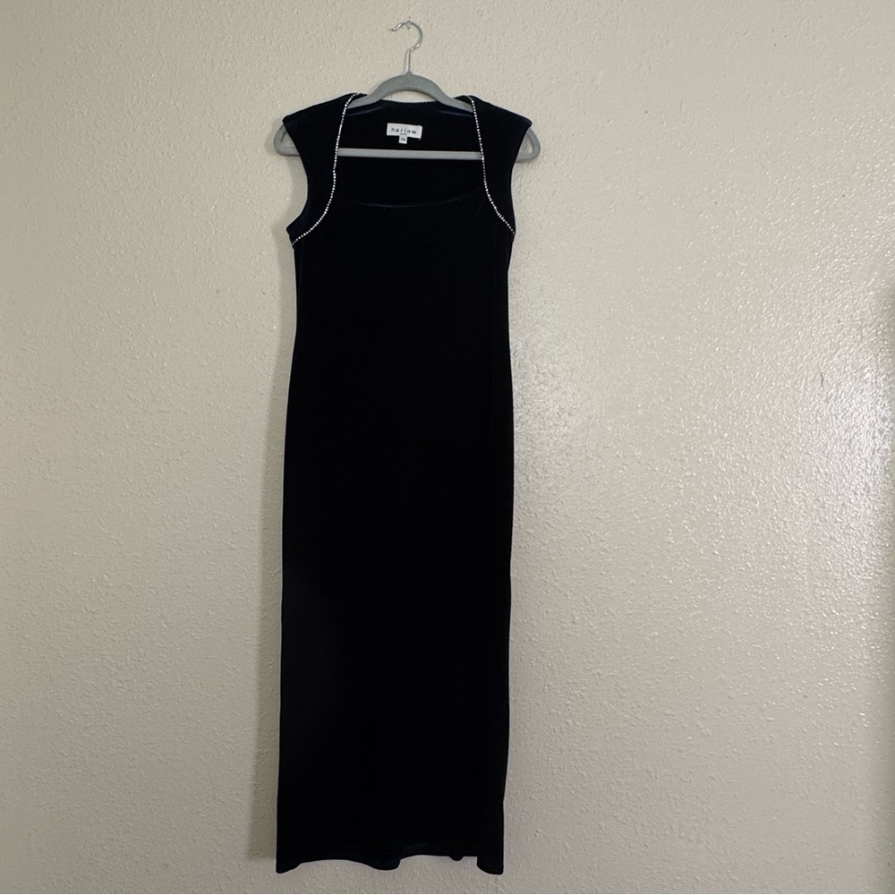 Harlow Vintage Navy Velvet Maxi Dress Rhinestone Trim